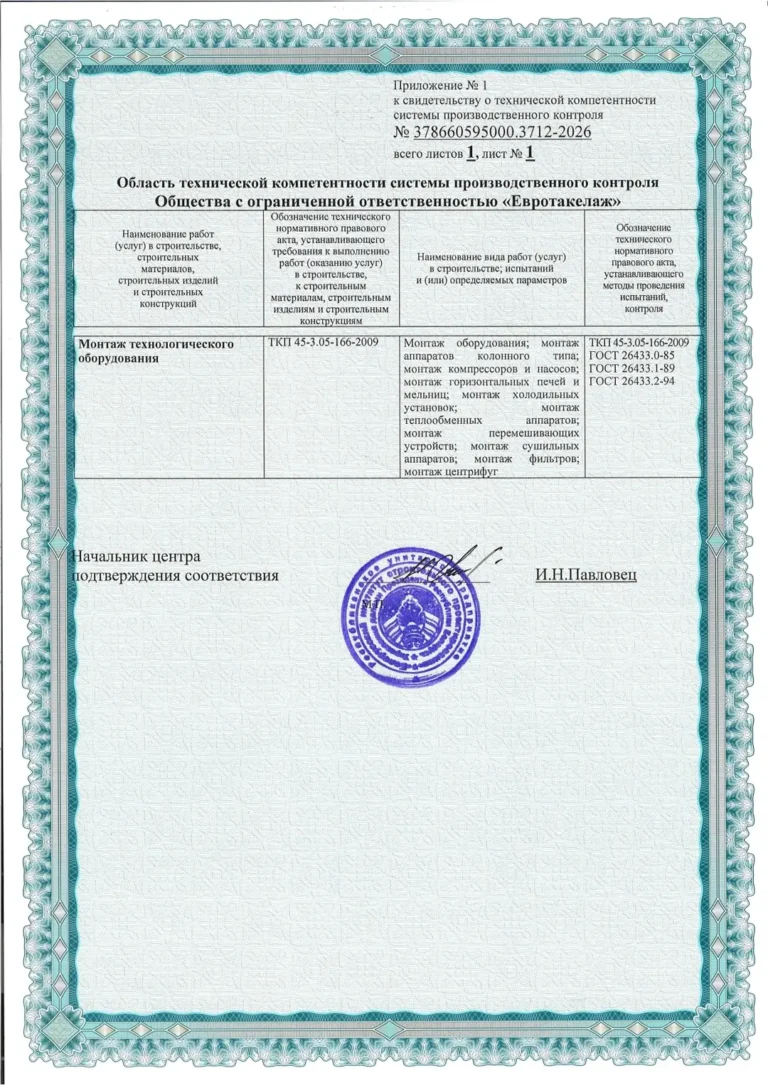 Подтверждение технической компетентности по монтажу технологического оборудования